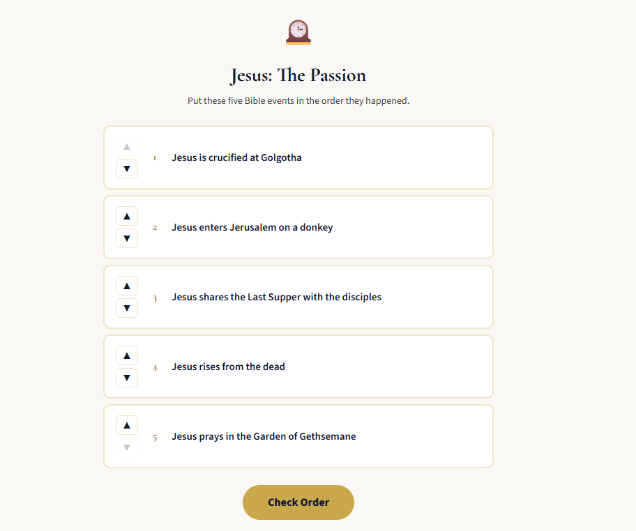 Bible Timeline game showing five shuffled events from the Passion of Jesus ready to be put in order