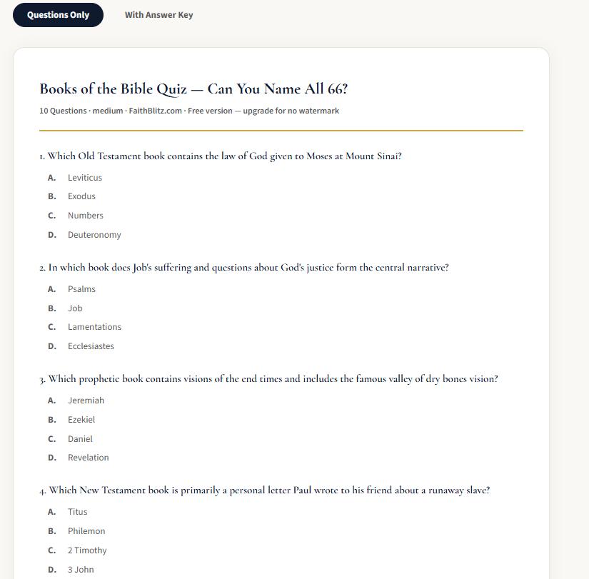 Printable Books of the Bible quiz showing multiple-choice questions for kids, teens, and Bible study groups