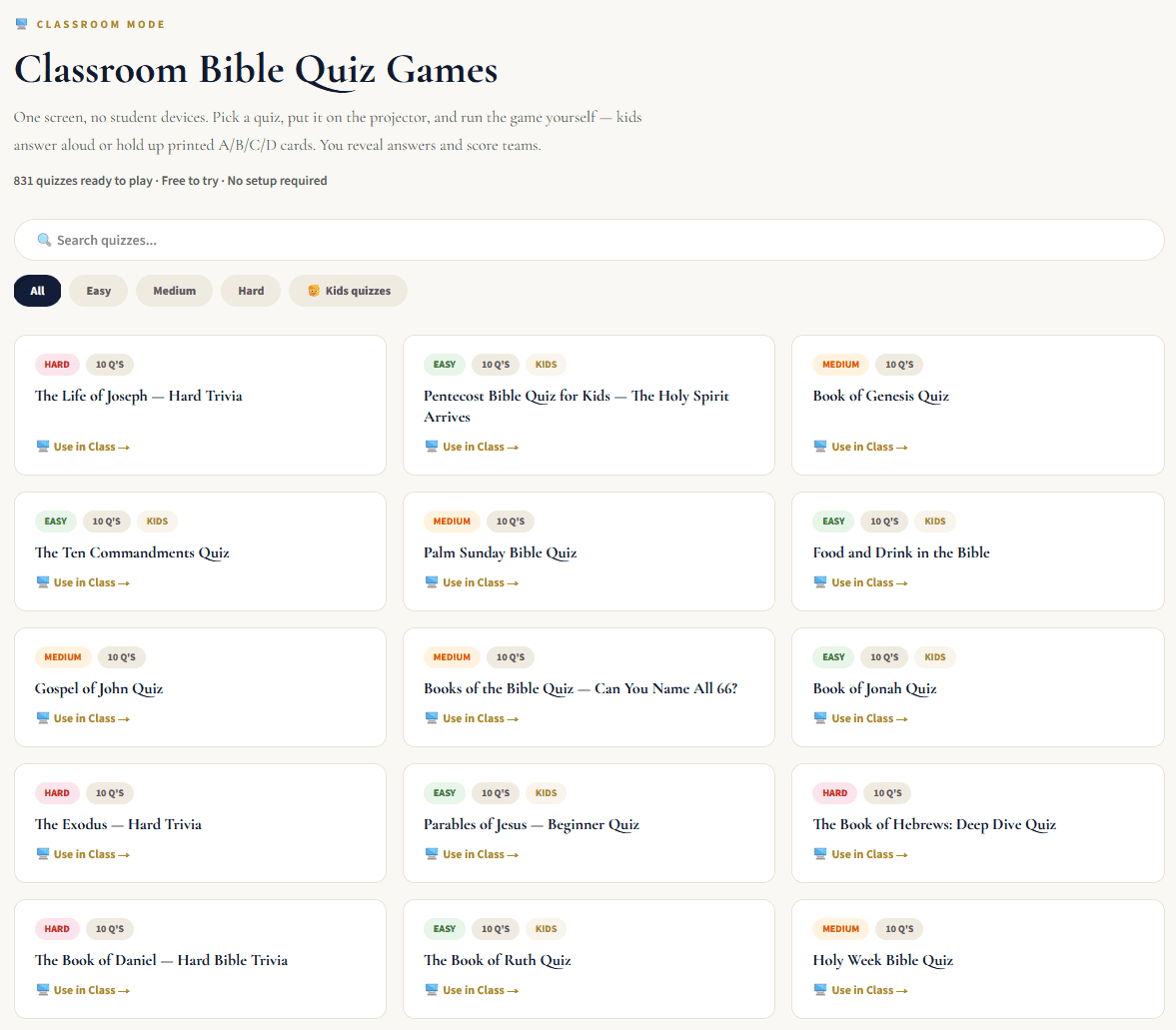 FaithBlitz Classroom Mode library showing Bible quiz games for Sunday school