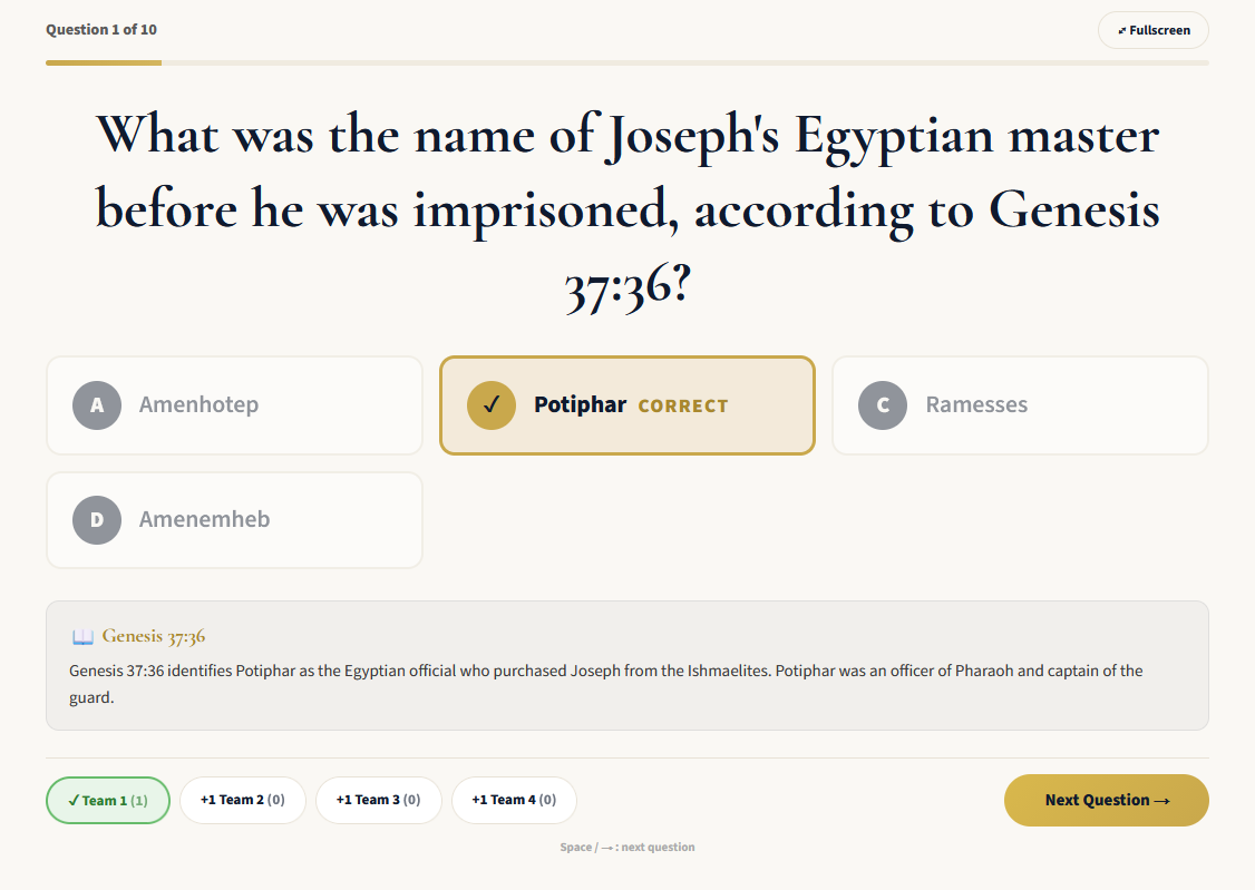 FaithBlitz Classroom Mode showing a revealed Bible quiz answer with Scripture reference and team scoring