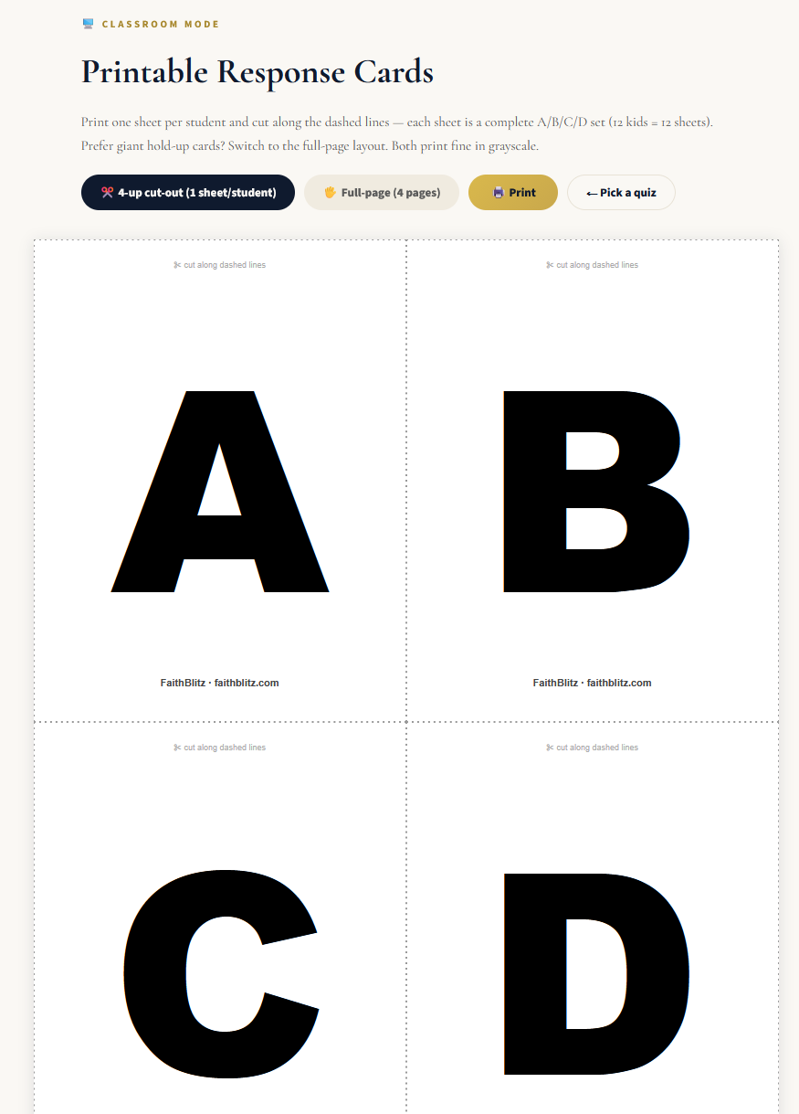 Printable A B C D response cards for device-free Sunday school Bible quiz games
