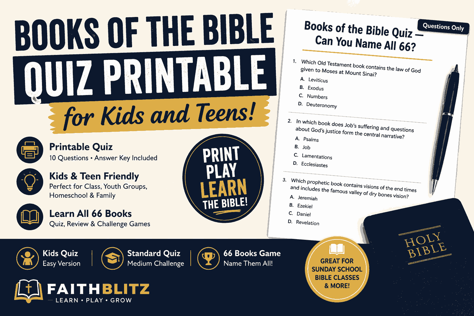 Books of the Bible Quiz Printable for Kids and Teens